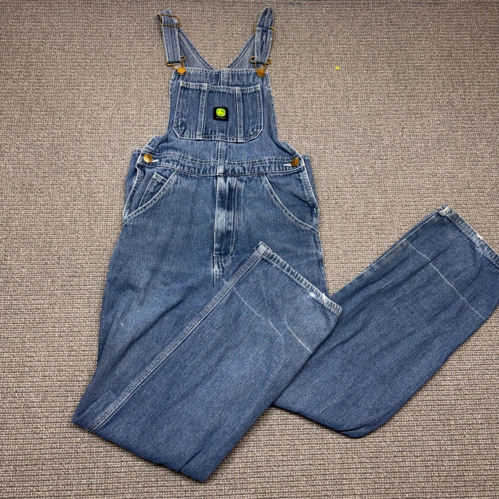 John Deere Denim Bib Overalls Medium Wash Blue Cotton Size 14 Vintage